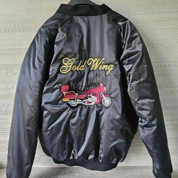 Vintage 90s Black Satin Bomber Jacket Moto Goldwing Graphic NAME Cardinal XL - Picture 1 of 13